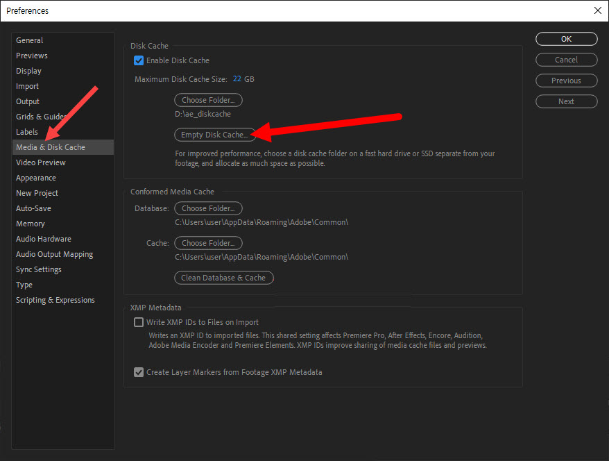 Clearing the disk cache in After Effects