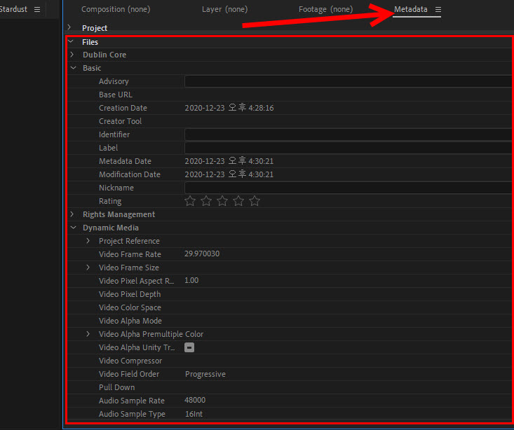Verifying the metadata of a video source in After Effects